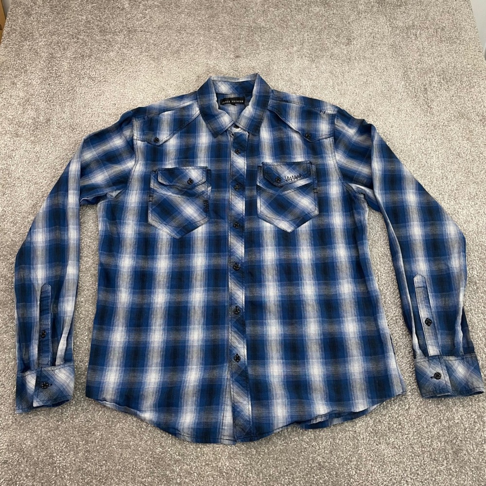 Affliction Shirt Mens Large Black Premium Y2K Spell Out Plaid Button Up - Picture 3 of 8